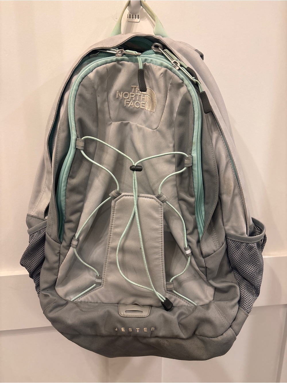 The North Face Backpack in Light Gray with Mint Accents